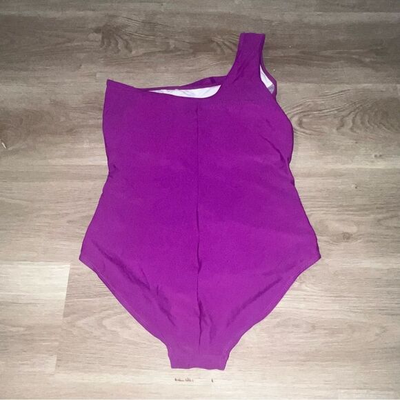 Women's Bright Magenta Purple Asymetrical One Piece Swimsuit - Picture 7 of 9